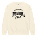 Oversized sandshell streetwear crewneck sweatshirt with mama drama club varsity typography graphic in black, front view