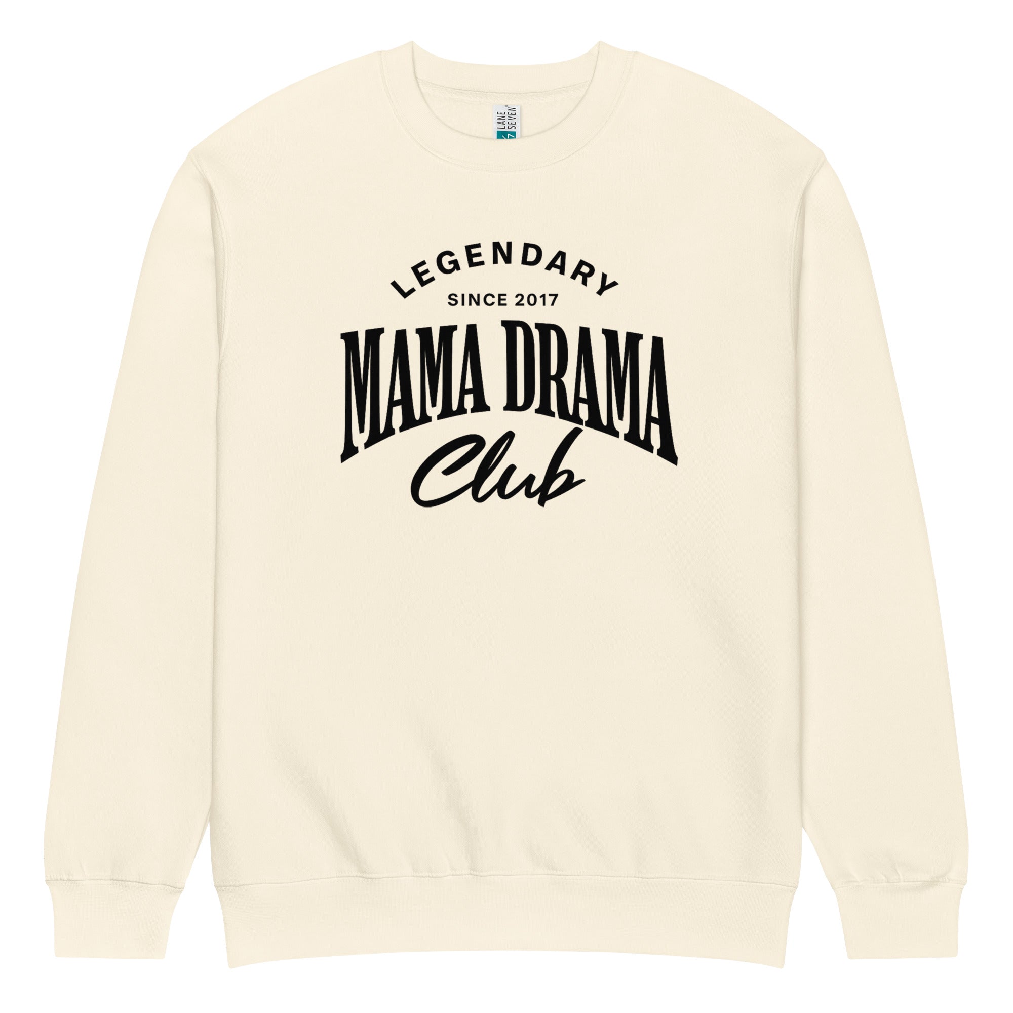 Oversized sandshell streetwear crewneck sweatshirt with mama drama club varsity typography graphic in black, front view