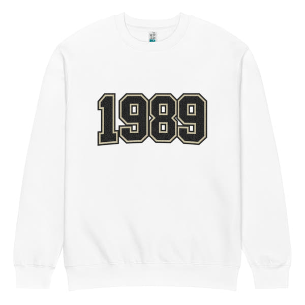 unisex streetwear sweatshirt front view with varsity number 1989 print
