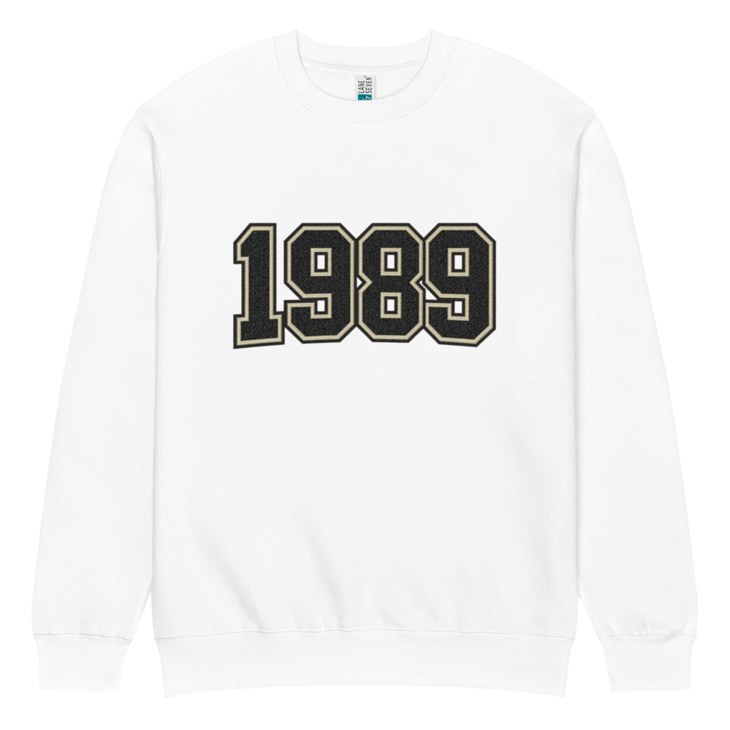 unisex streetwear sweatshirt front view with varsity number 1989 print
