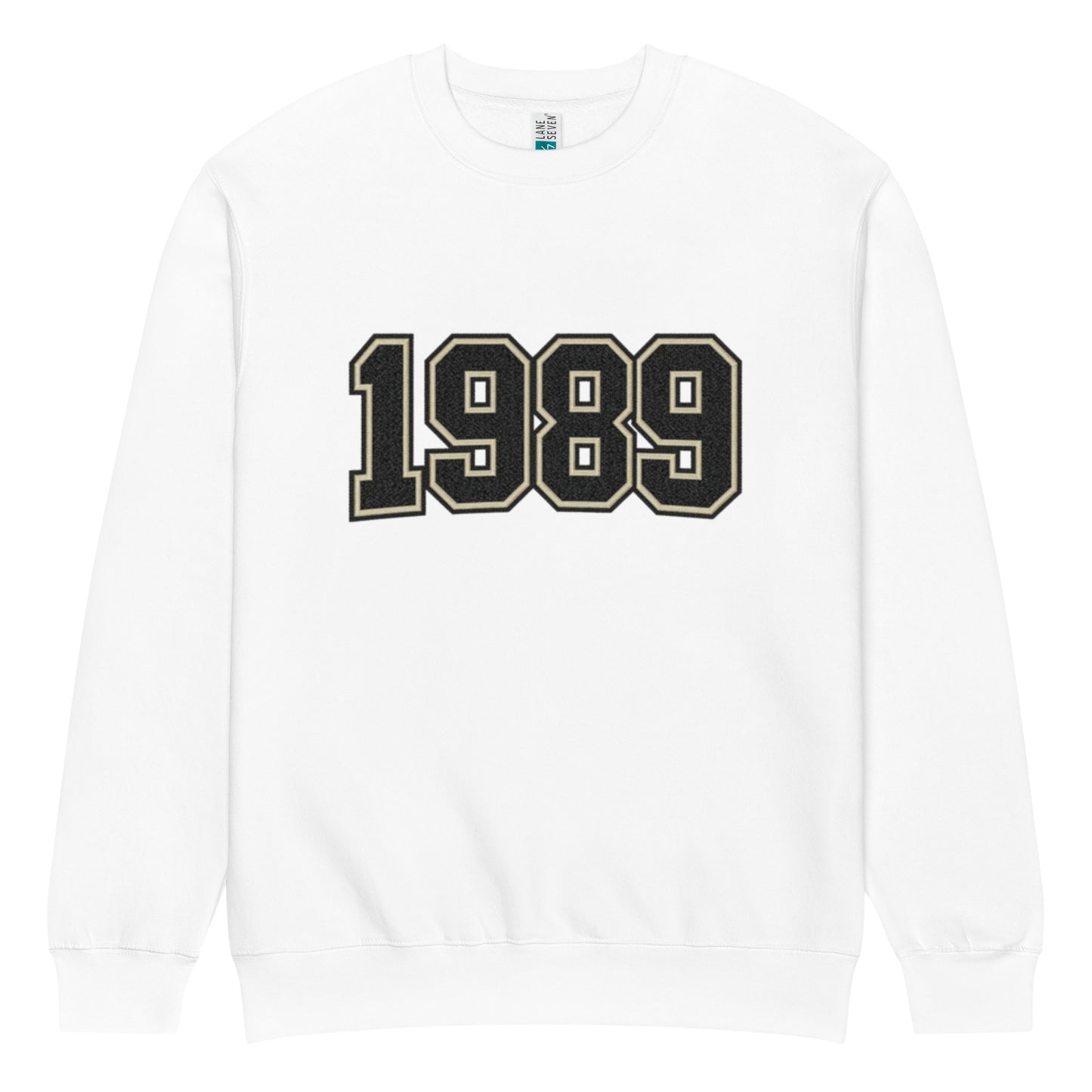 unisex streetwear sweatshirt front view with varsity number 1989 print
