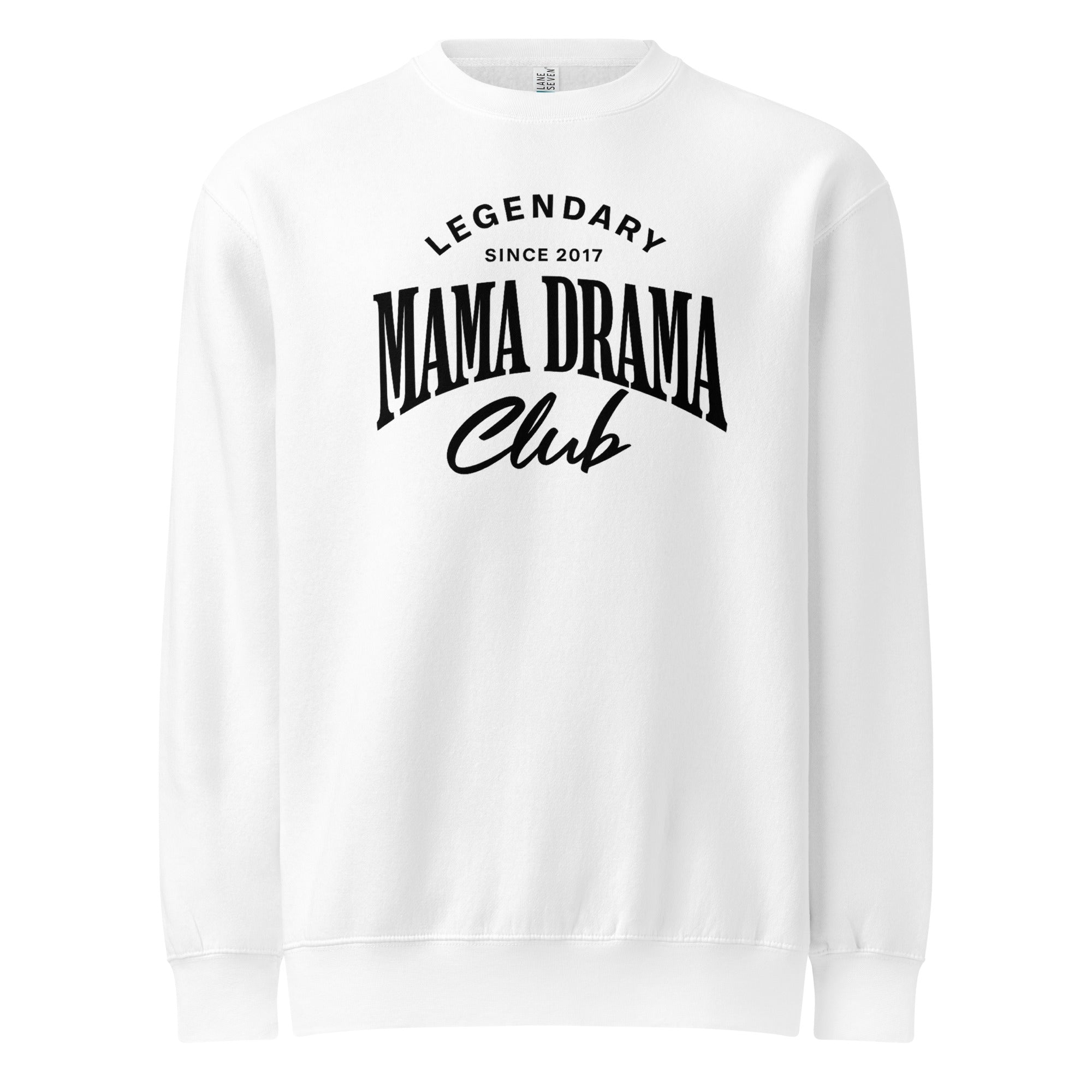Oversized white streetwear crewneck sweatshirt with mama drama club varsity typography graphic in black, front view