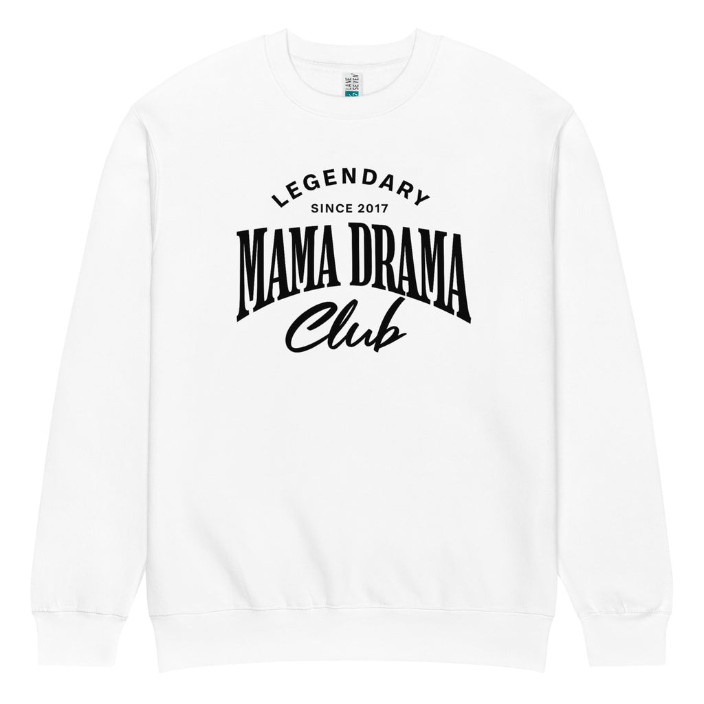 Oversized white streetwear crewneck sweatshirt with mama drama club varsity typography graphic in black, front view