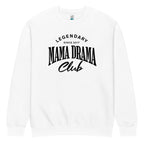 Oversized white streetwear crewneck sweatshirt with mama drama club varsity typography graphic in black, front view