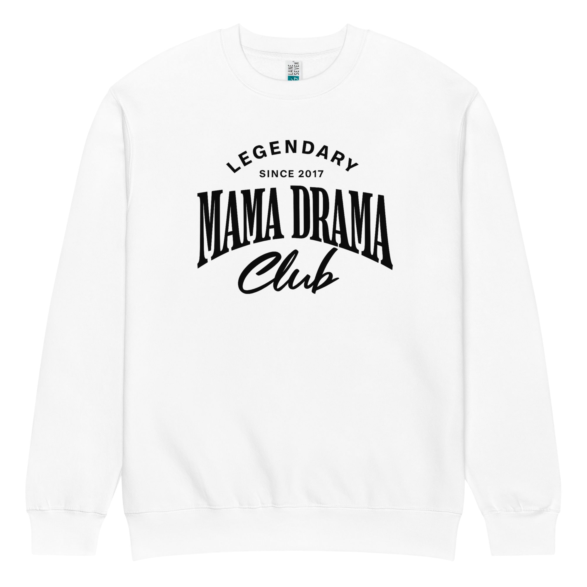 Oversized white streetwear crewneck sweatshirt with mama drama club varsity typography graphic in black, front view