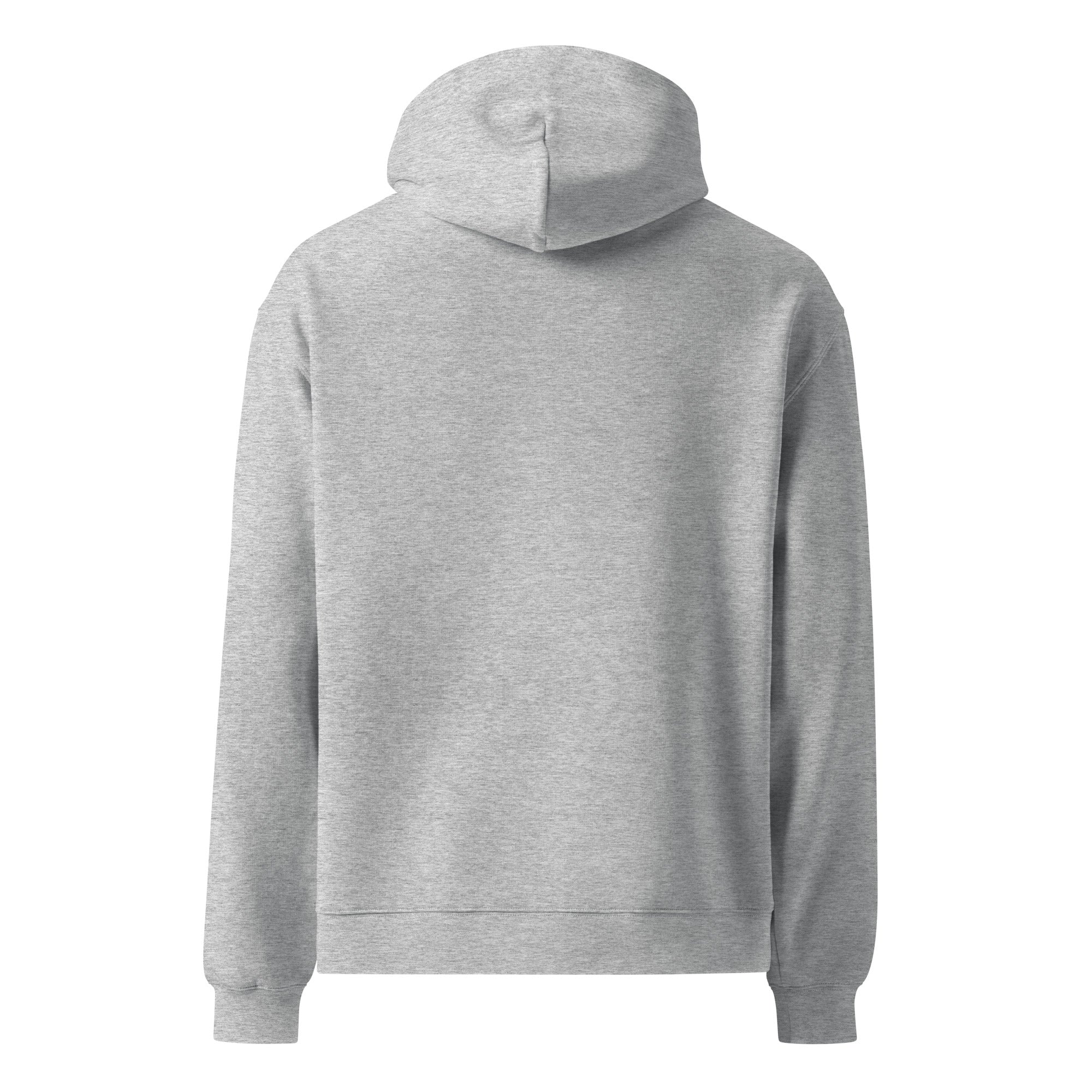 Heather gray oversized Nöiré hoodie, back hanging view, streetwear fashion