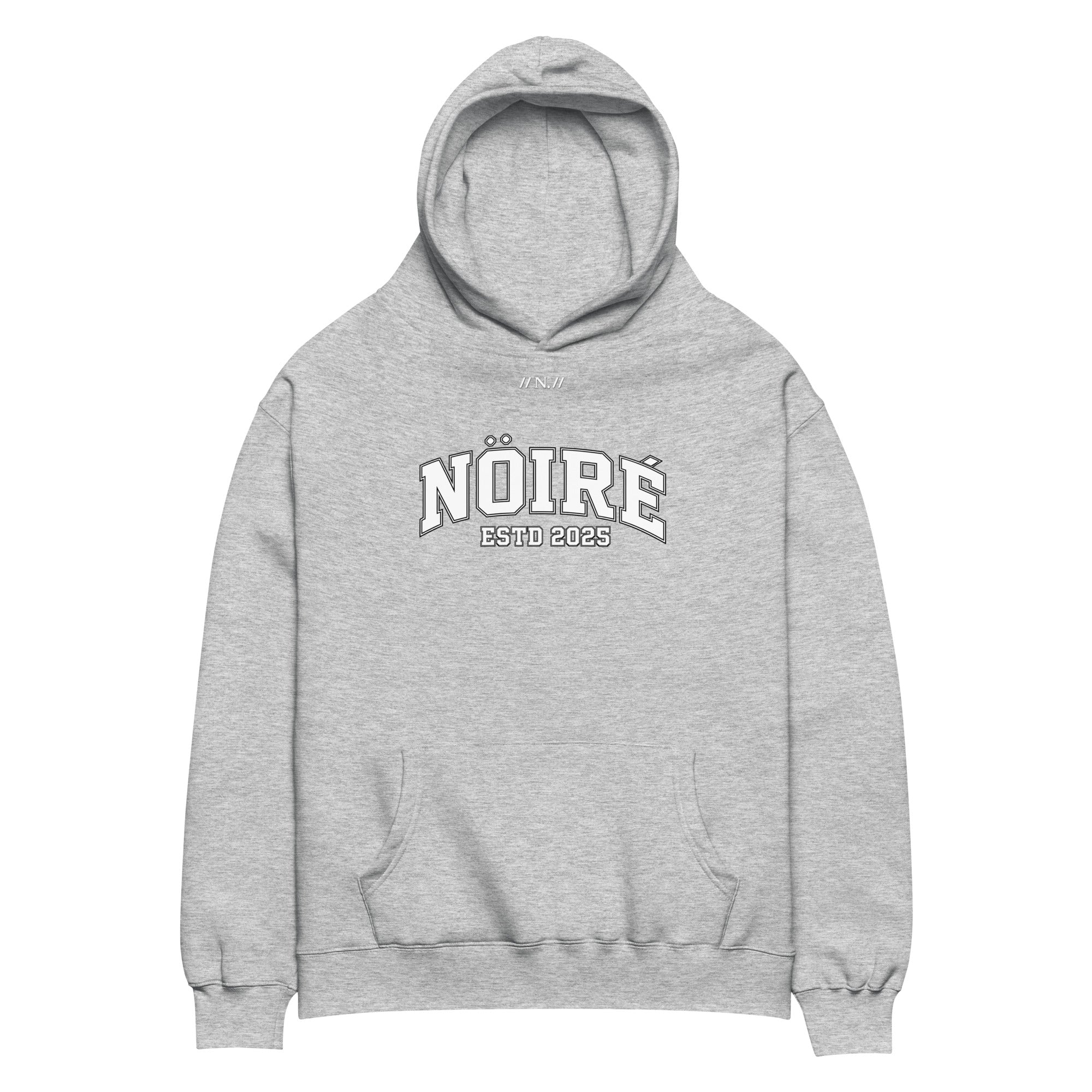 Heather gray Nöiré ESTB 2025 oversized hoodie, front product view, graphic streetwear