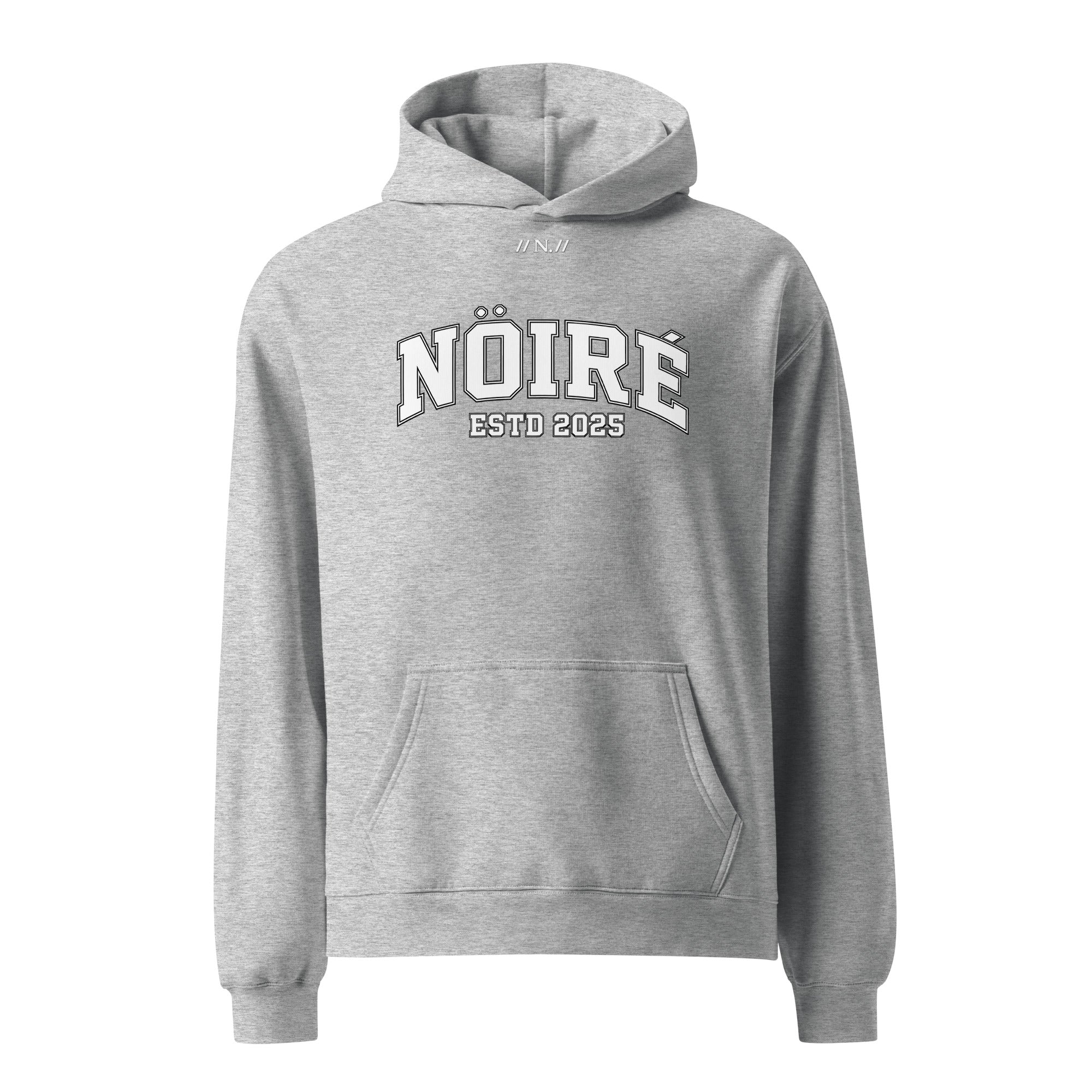 Heather gray Nöiré ESTB 2025 logo hoodie, front hanging view, urban streetwear outfit