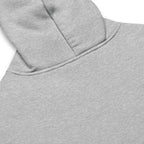 Heather gray Nöiré hoodie, close-up hood and fabric detail, graphic streetwear