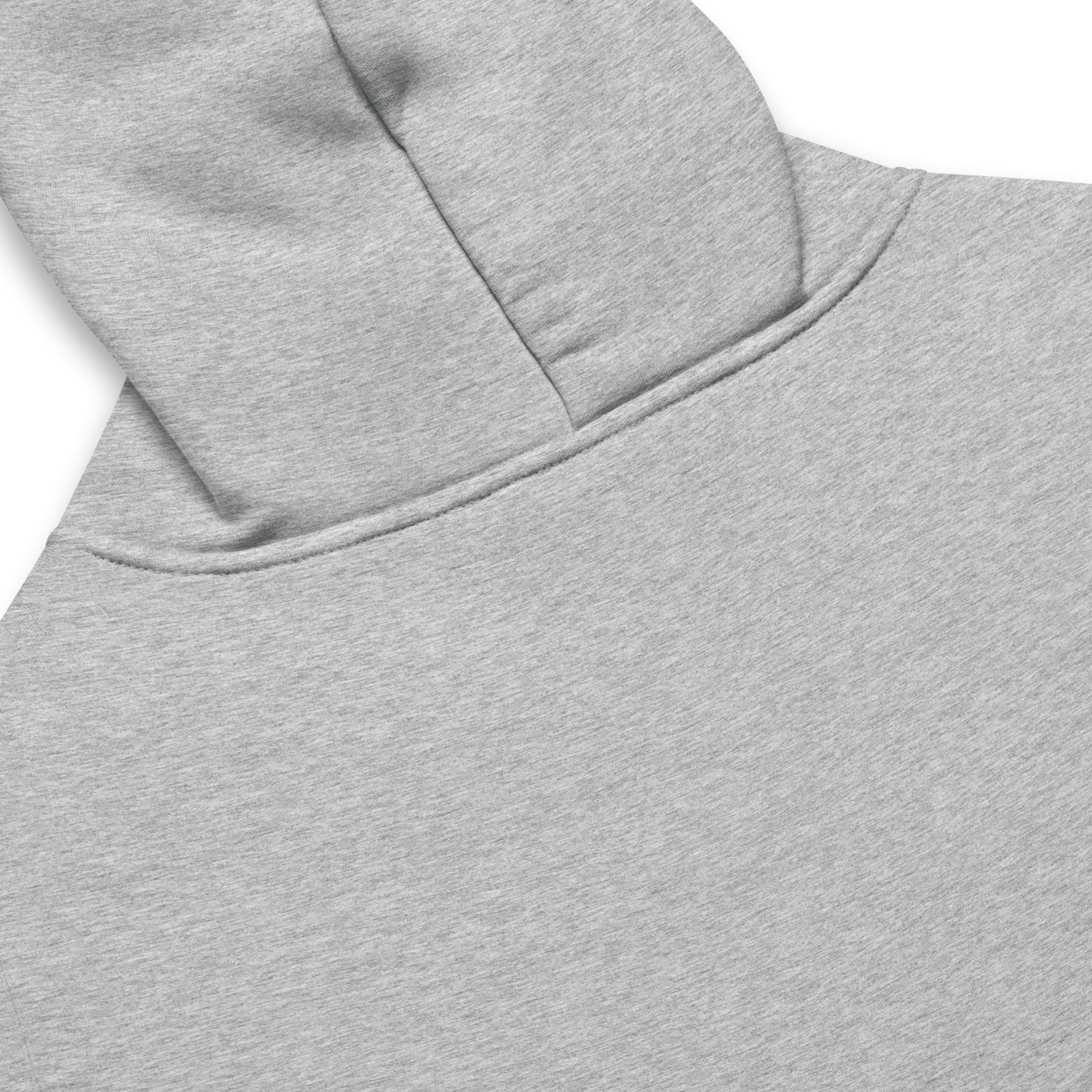 Heather gray Nöiré hoodie, close-up hood and fabric detail, graphic streetwear