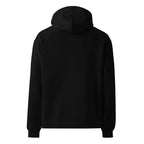 Black oversized Nöiré hoodie, back hanging view, streetwear fashion
