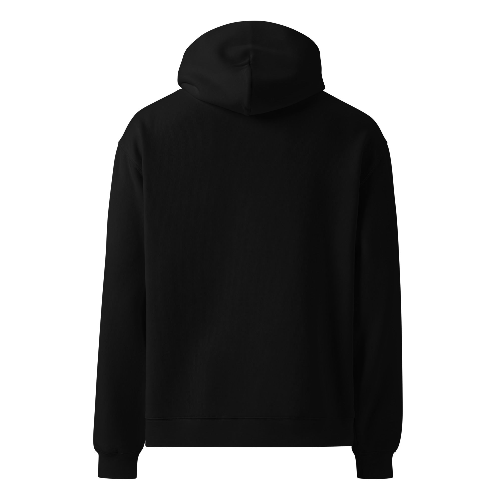 Black oversized Nöiré hoodie, back hanging view, streetwear fashion
