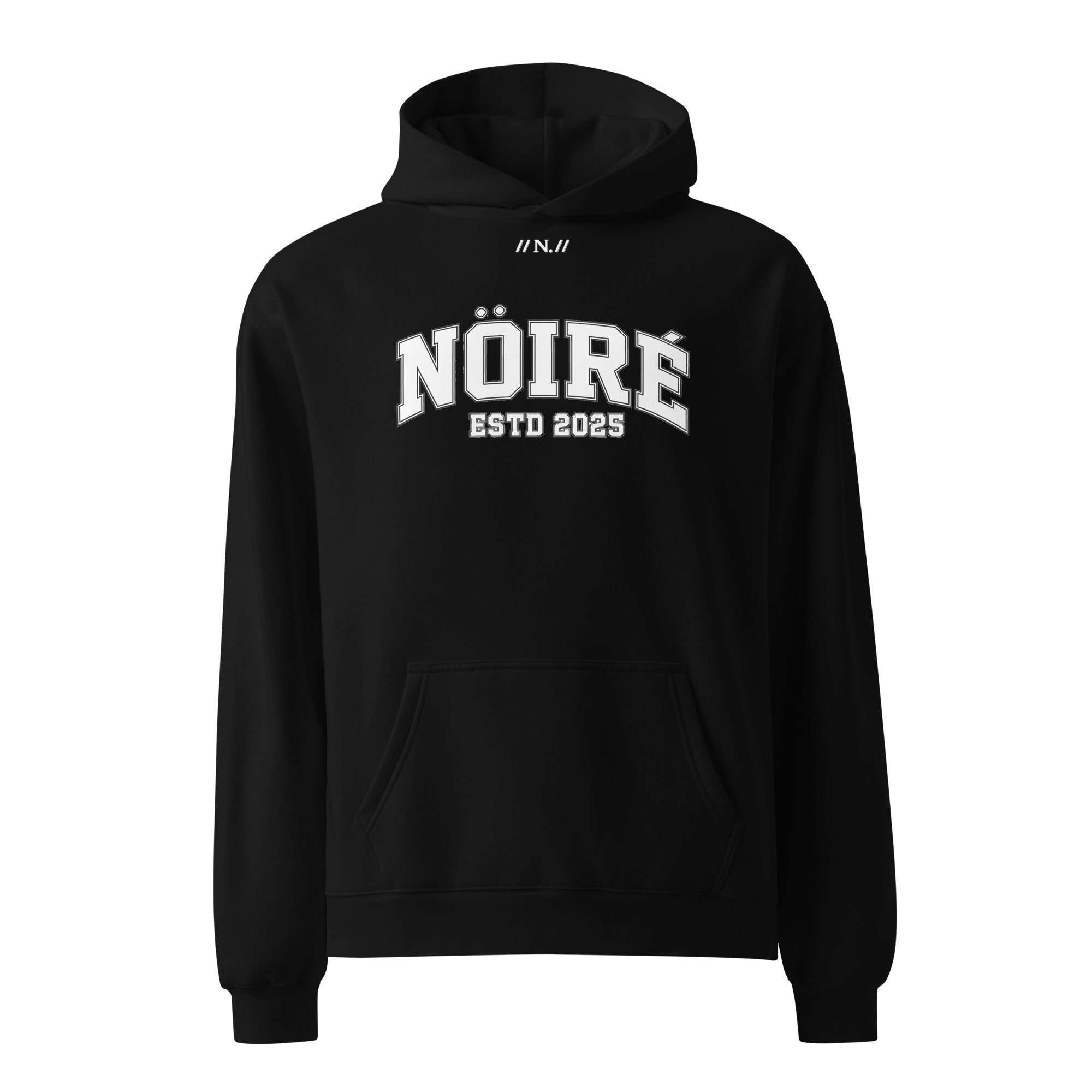 Black Nöiré ESTB 2025 logo hoodie, front hanging view, urban streetwear outfit