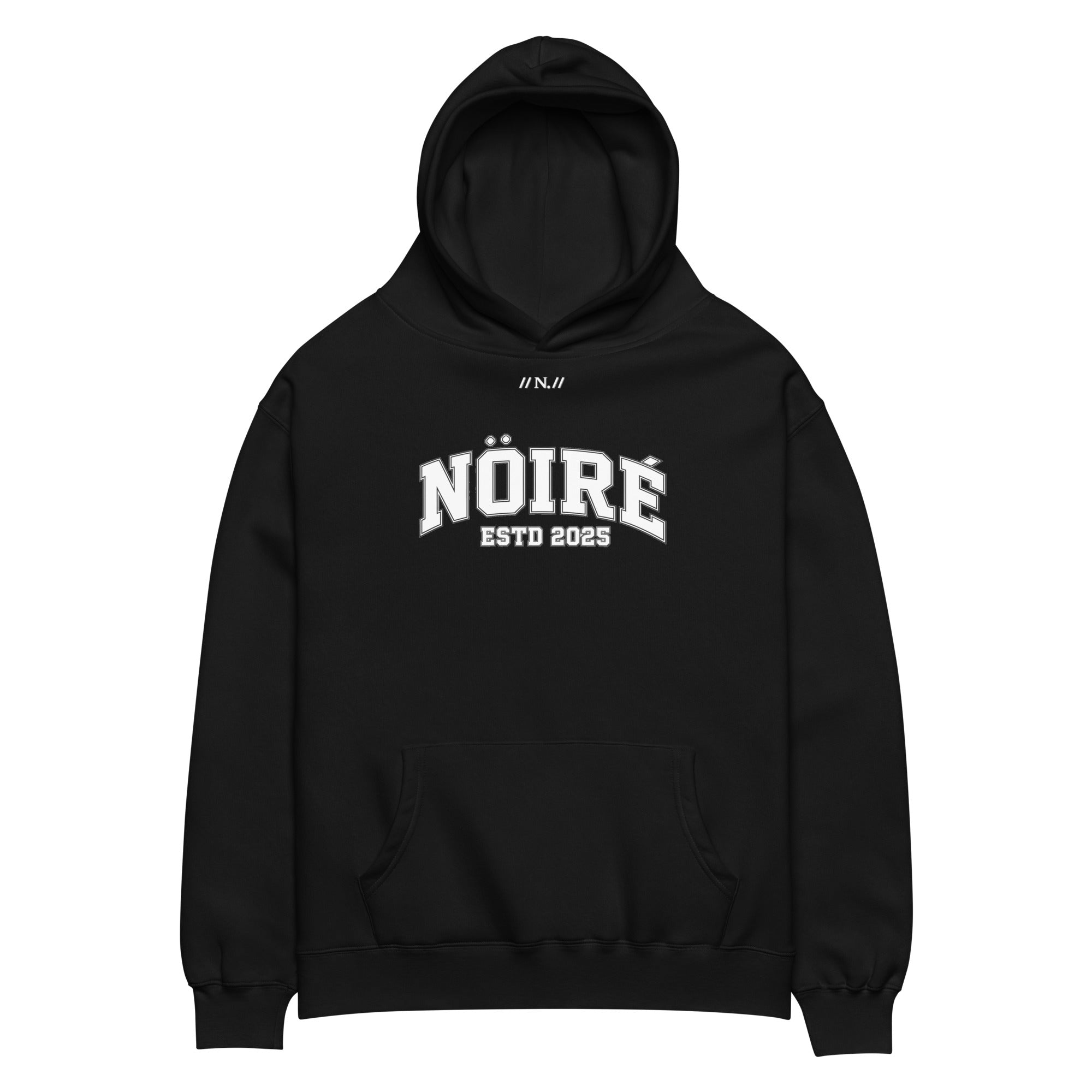 Black Nöiré ESTB 2025 oversized hoodie, front product view, graphic streetwear