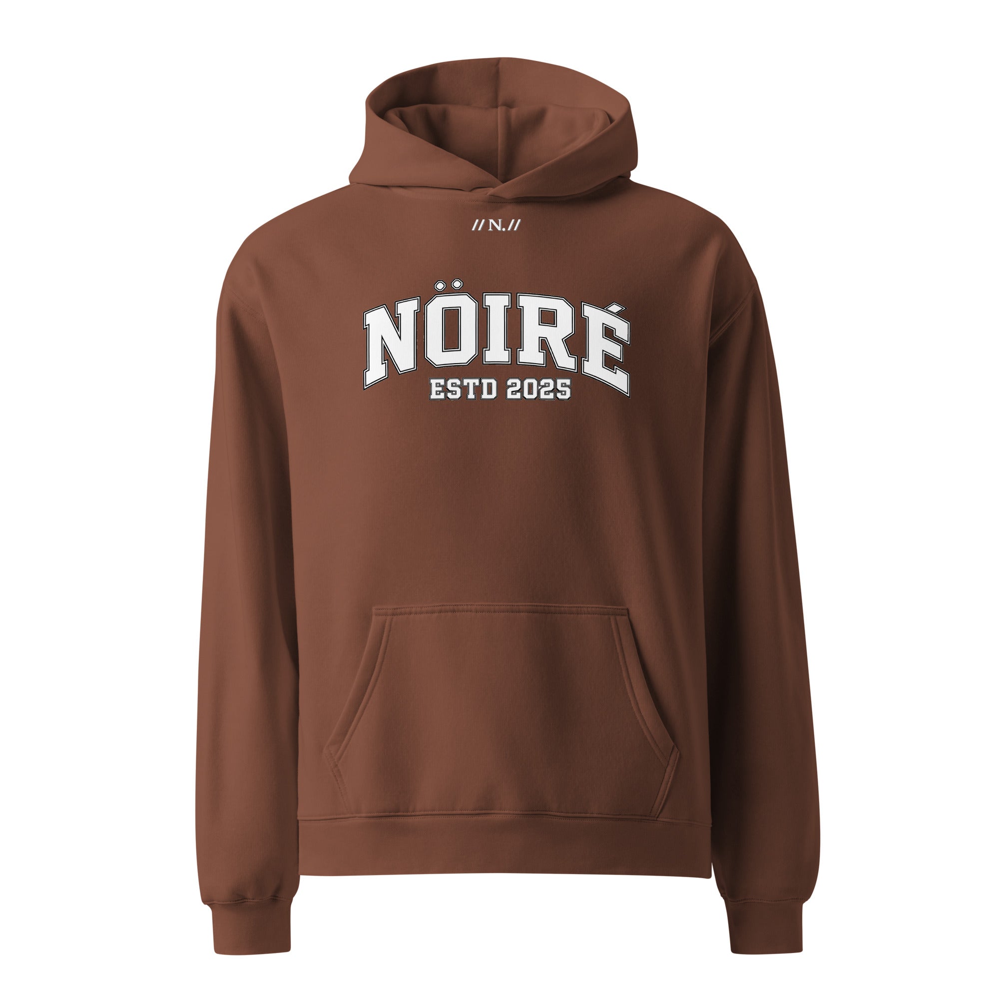 Chestnut Nöiré ESTB 2025 oversized hoodie, front hanging view, urban streetwear outfit