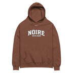 Chestnut Nöiré ESTB 2025 oversized hoodie, front product view, graphic streetwear