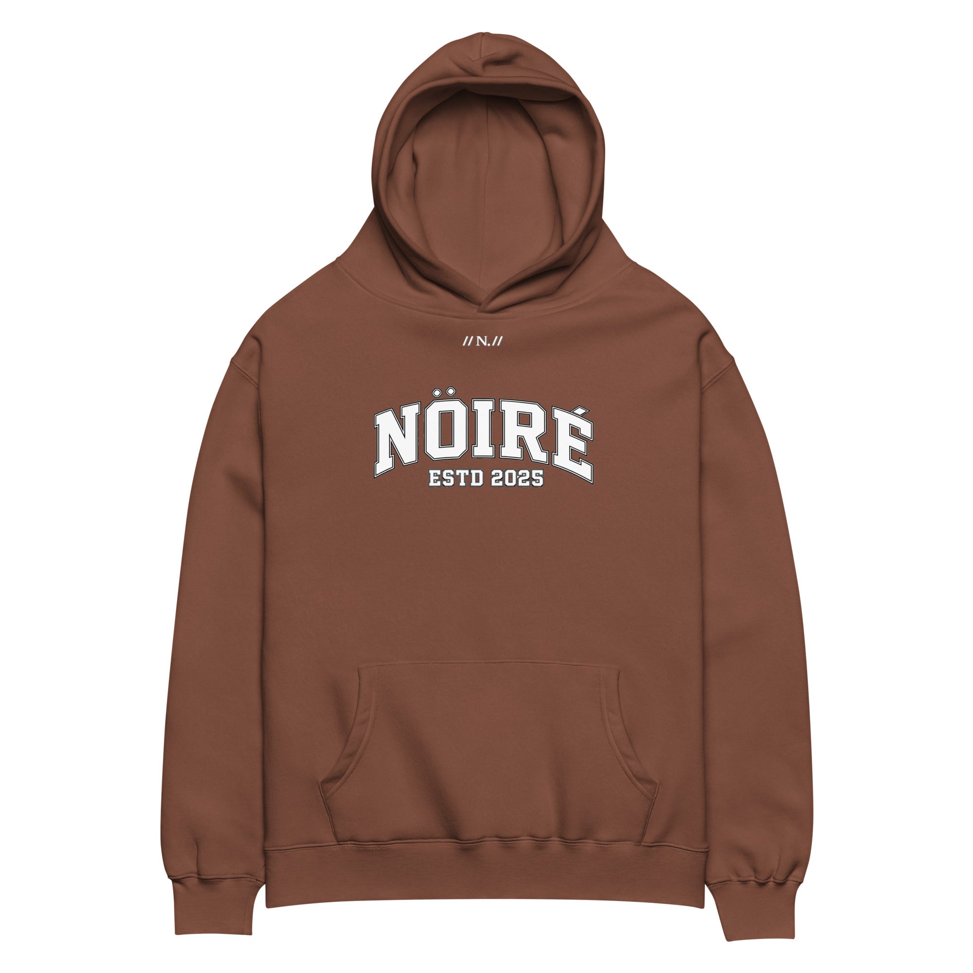 Chestnut Nöiré ESTB 2025 oversized hoodie, front product view, graphic streetwear