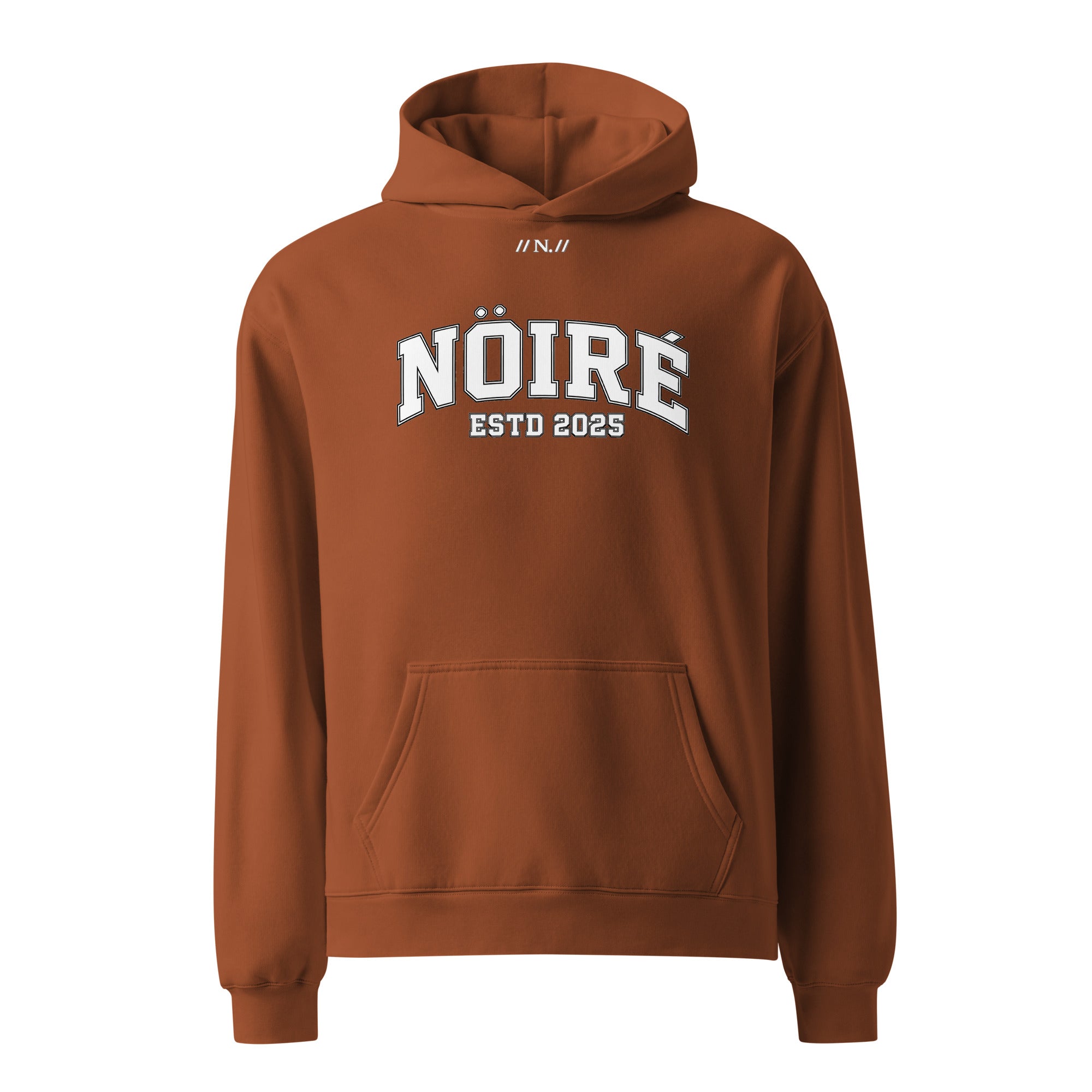 Brown Nöiré ESTB 2025 logo hoodie, front hanging view, urban streetwear outfit