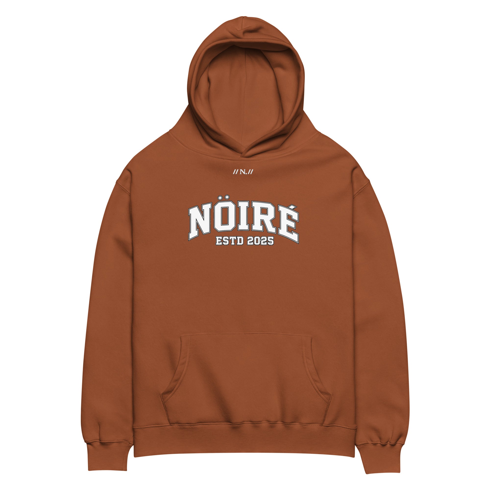 Brown Nöiré ESTB 2025 oversized hoodie, front product view, graphic streetwear
