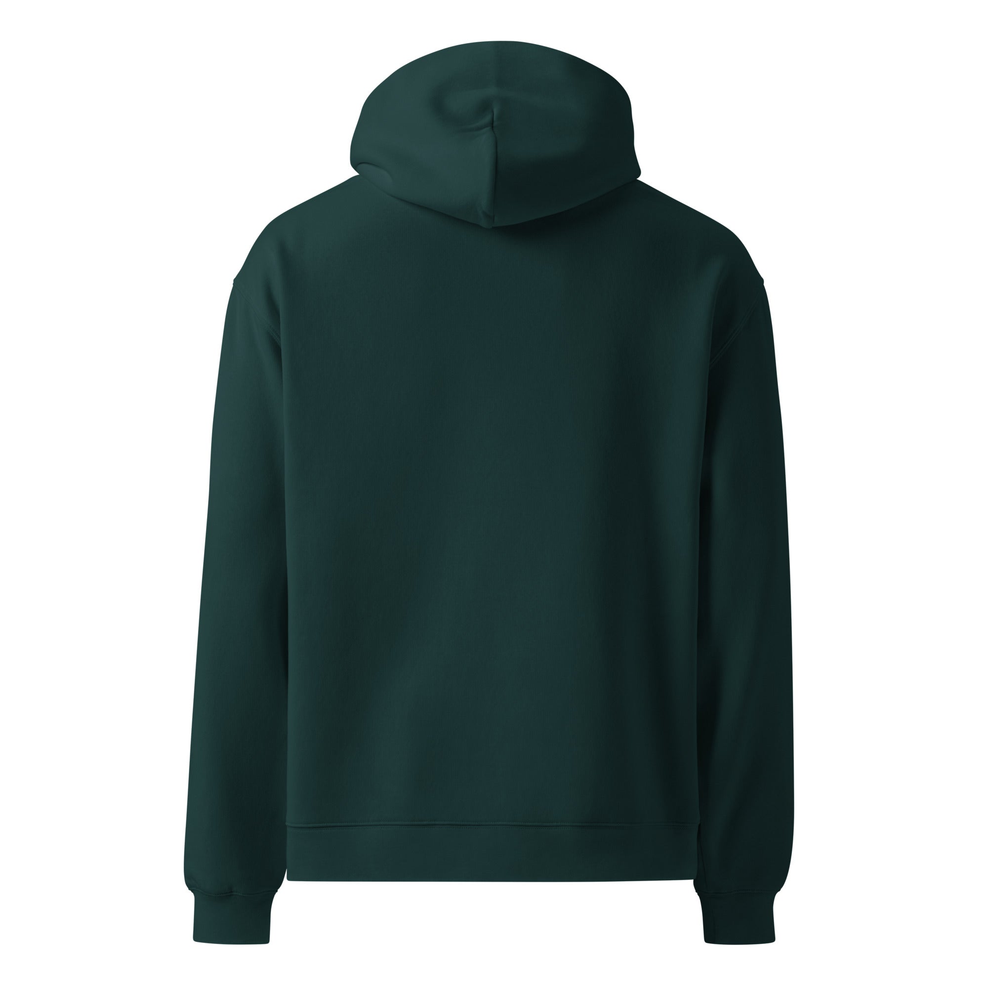 Dark green oversized Nöiré hoodie, back hanging view, streetwear fashion