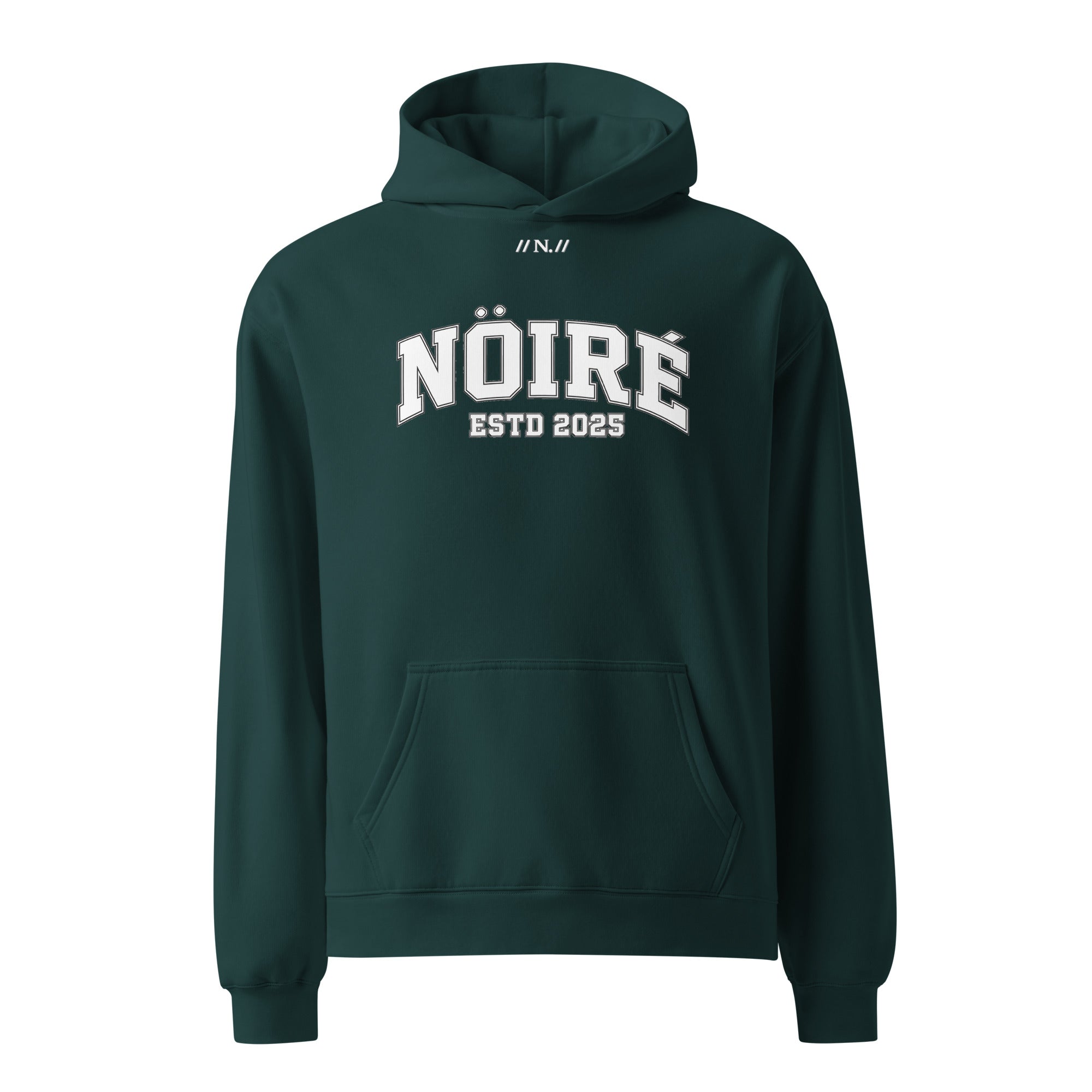 Dark green Nöiré ESTB 2025 logo hoodie, front hanging view, urban streetwear outfit