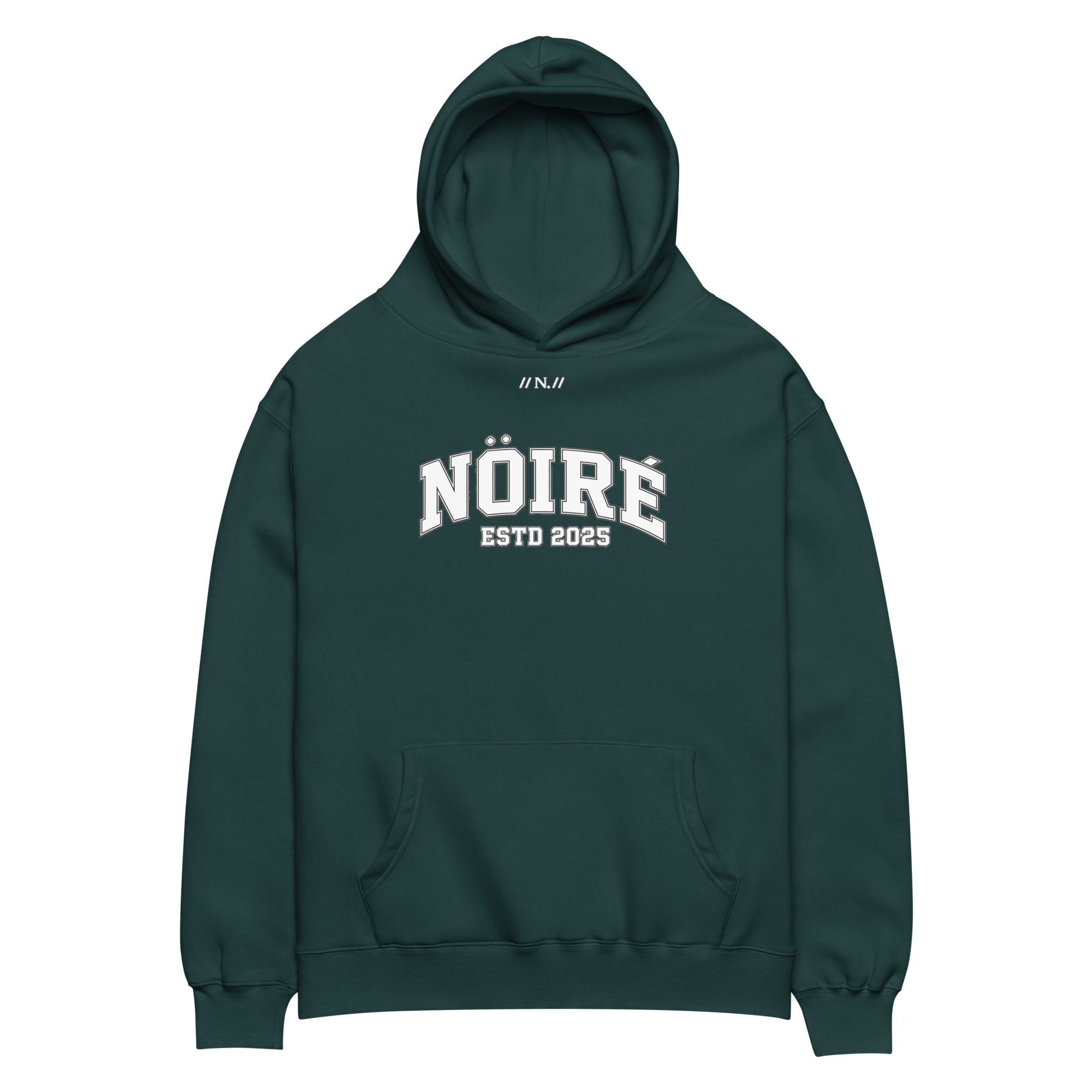 Dark green Nöiré ESTB 2025 oversized hoodie, front product view, graphic streetwear