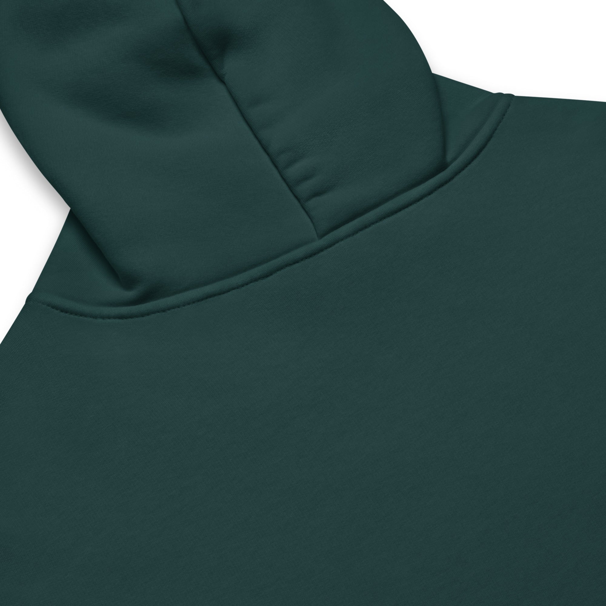 Dark green Nöiré hoodie, close-up hood and fabric detail, graphic streetwear