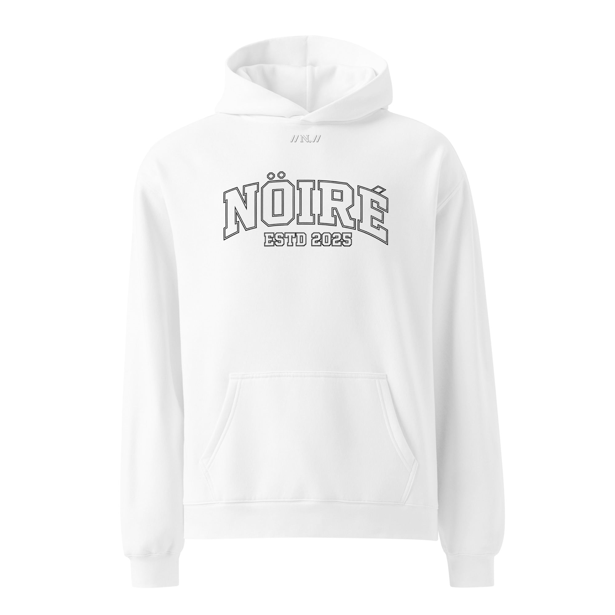 White Nöiré ESTB 2025 logo hoodie, front hanging view, urban streetwear outfit