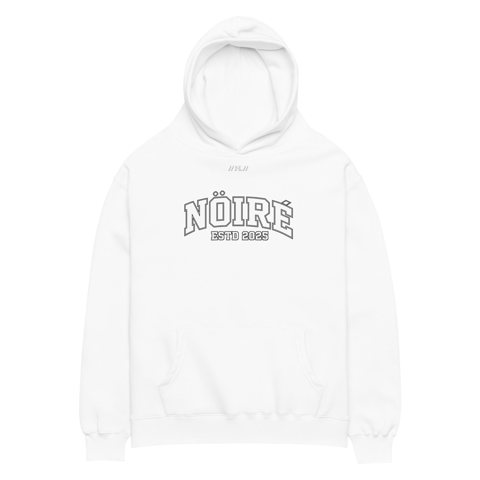 White Nöiré ESTB 2025 oversized hoodie, front product view, graphic streetwear