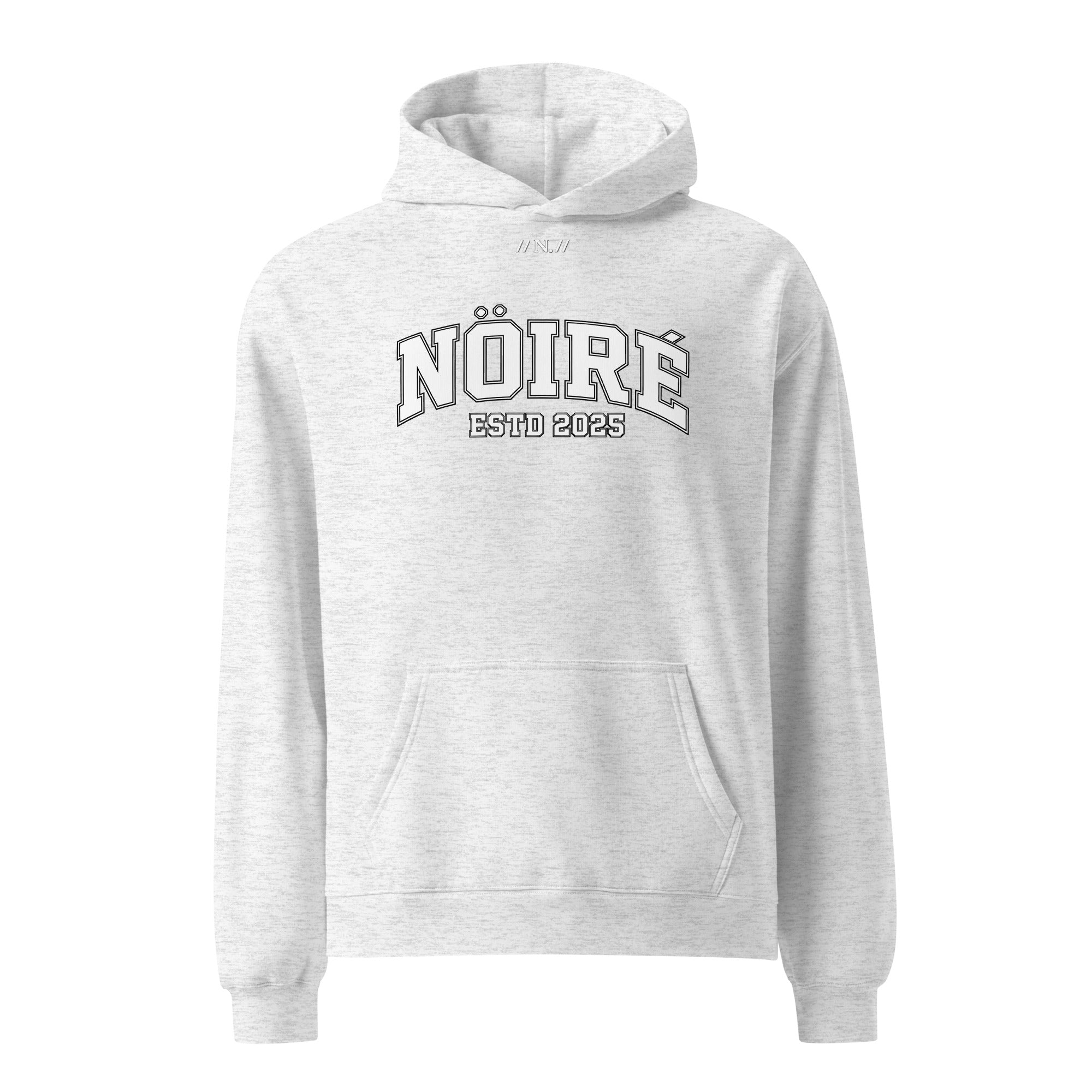 White Heather Nöiré ESTB 2025 logo hoodie, front hanging view, urban streetwear outfit