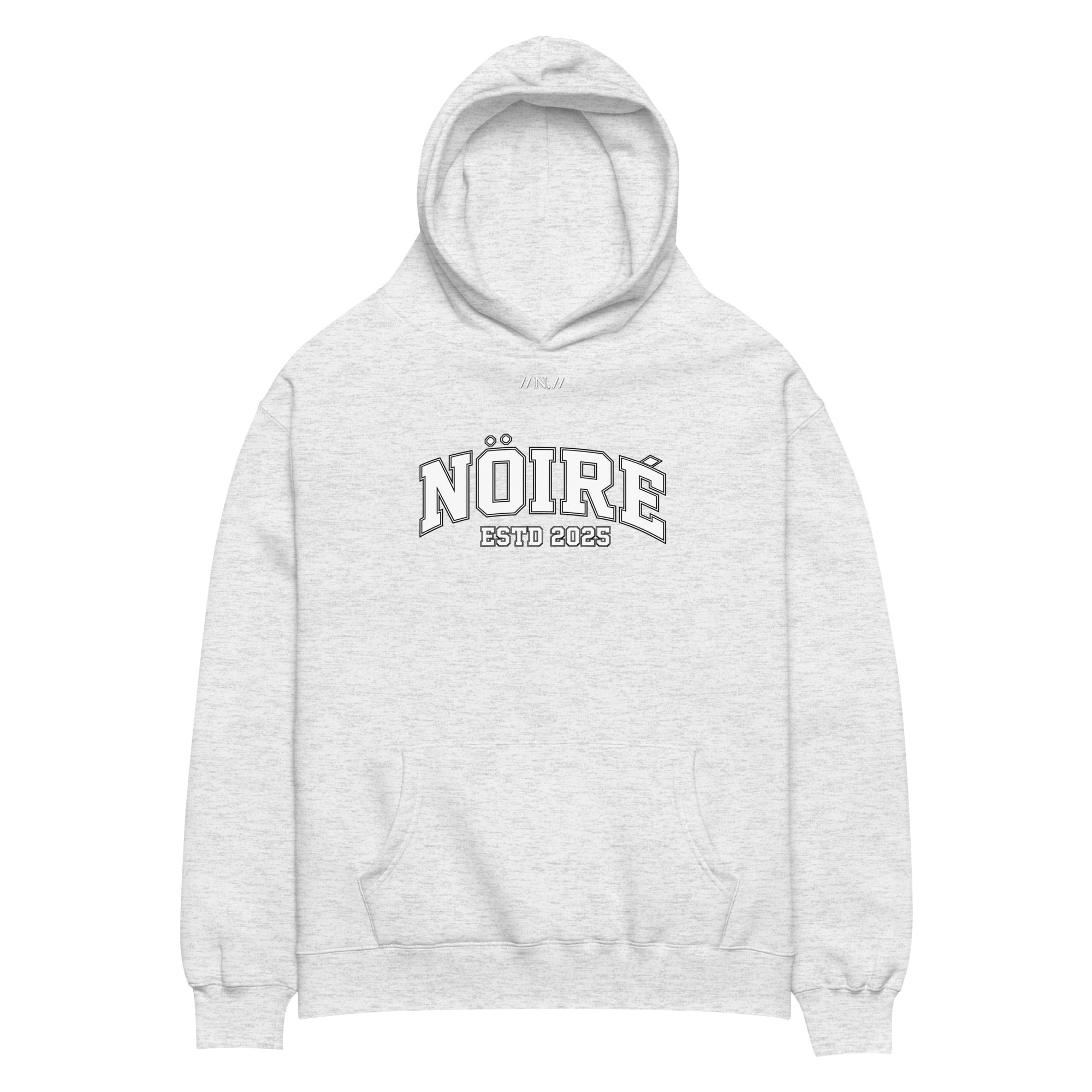 White Heather Nöiré ESTB 2025 oversized hoodie, front product view, graphic streetwear