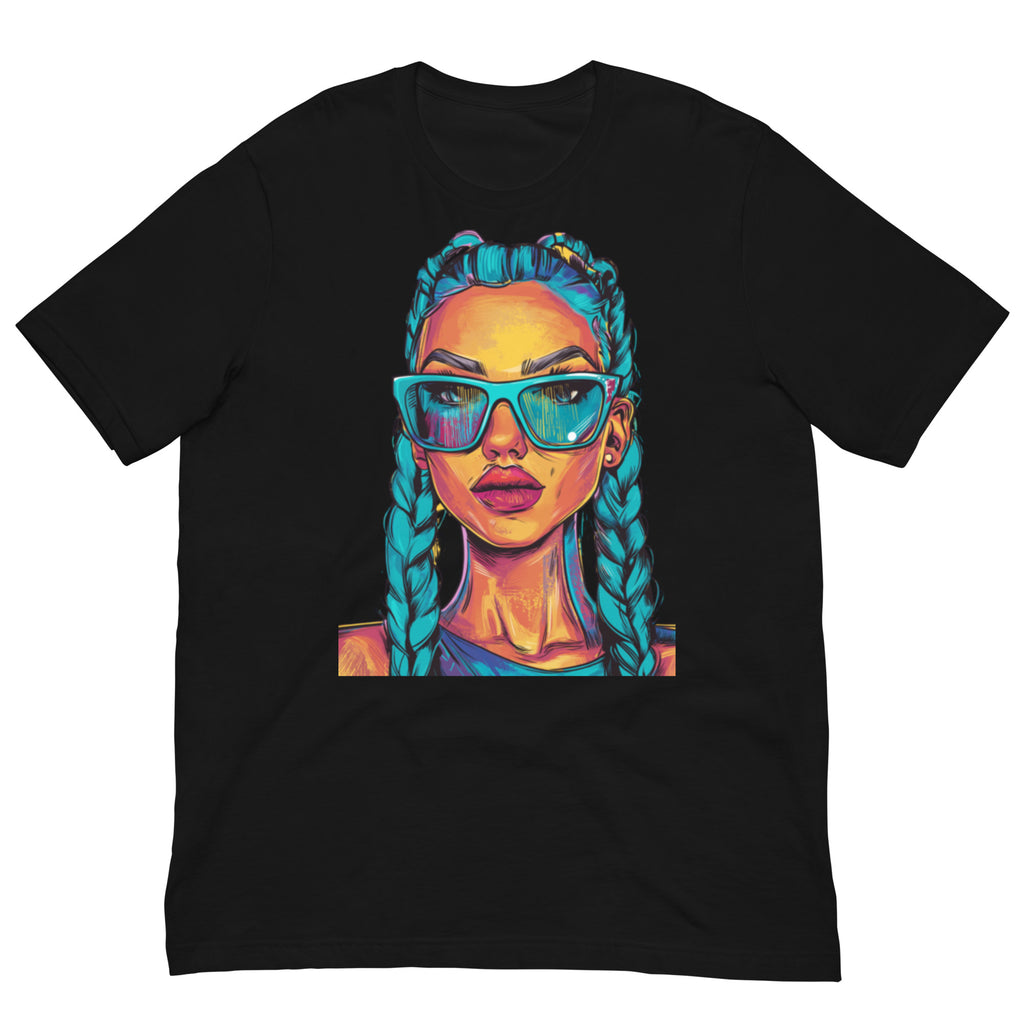 Black oversized graphic T-shirt front view with colorful pop art woman portrait print, unisex streetwear design