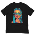 Black oversized graphic T-shirt front view with colorful pop art woman portrait print, unisex streetwear design