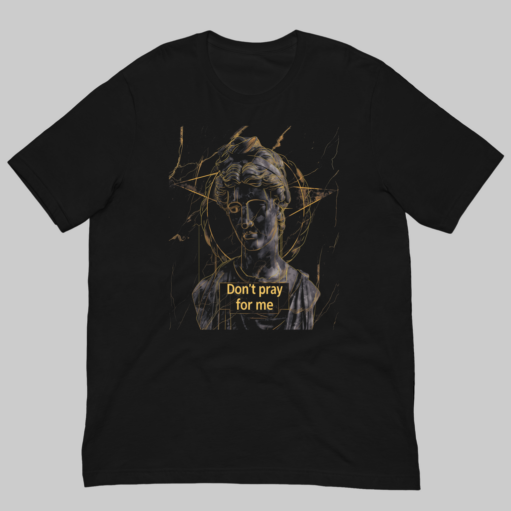 Black oversized graphic tee front view with marble statue illustration and gold geometric design