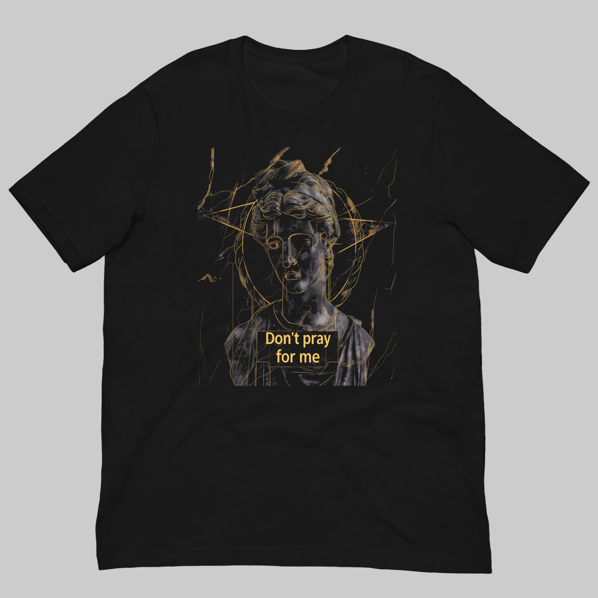 Black oversized graphic tee front view with marble statue illustration and gold geometric design