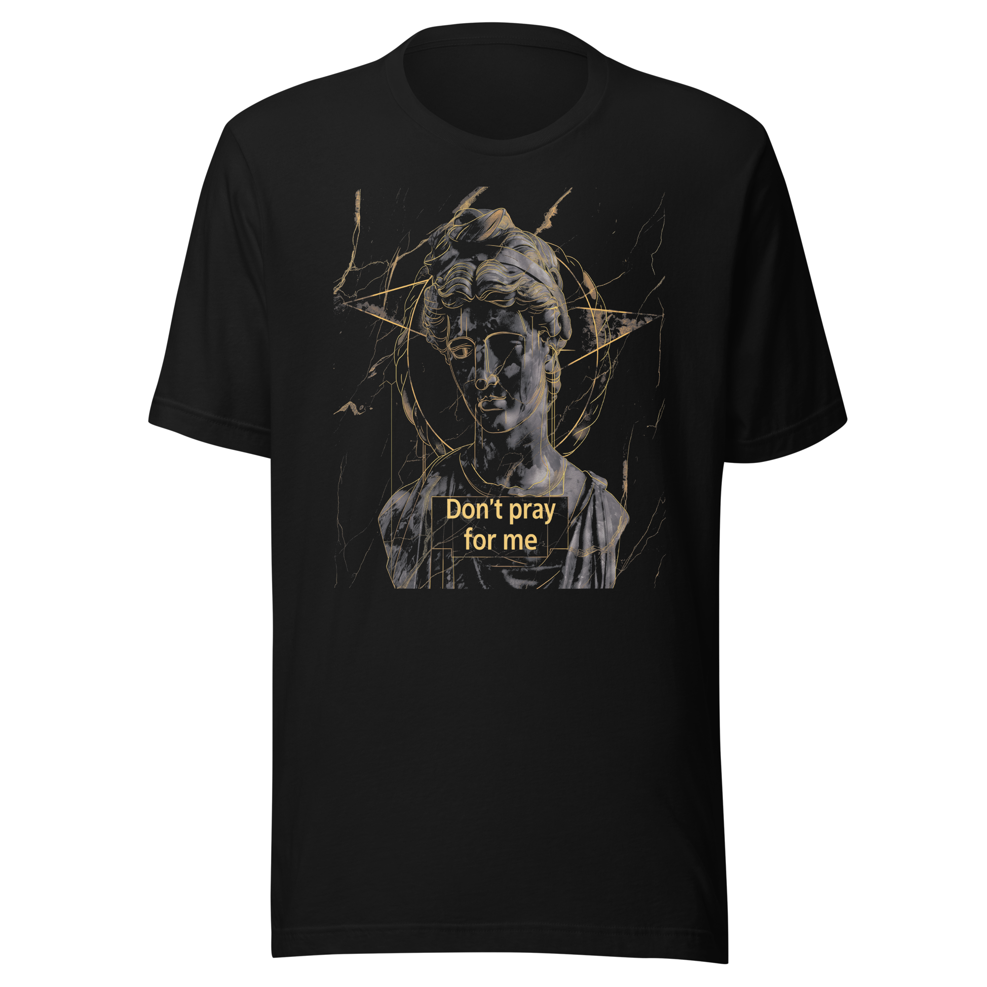 front view black oversized graphic streetwear t shirt david statue dont pray for me design streetwear fashion
