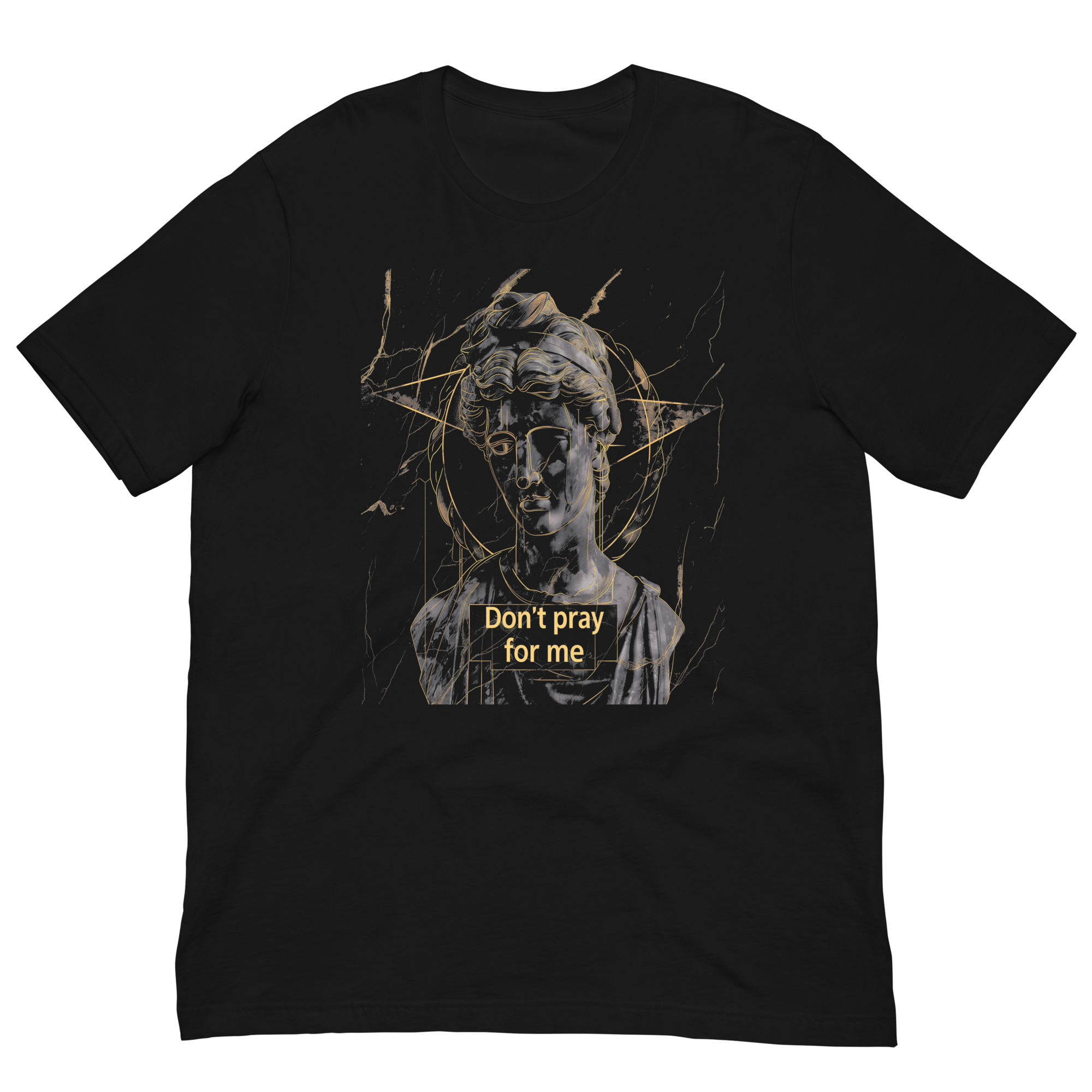 flat lay black oversized graphic streetwear t shirt david statue dont pray for me design urban streetwear clothing