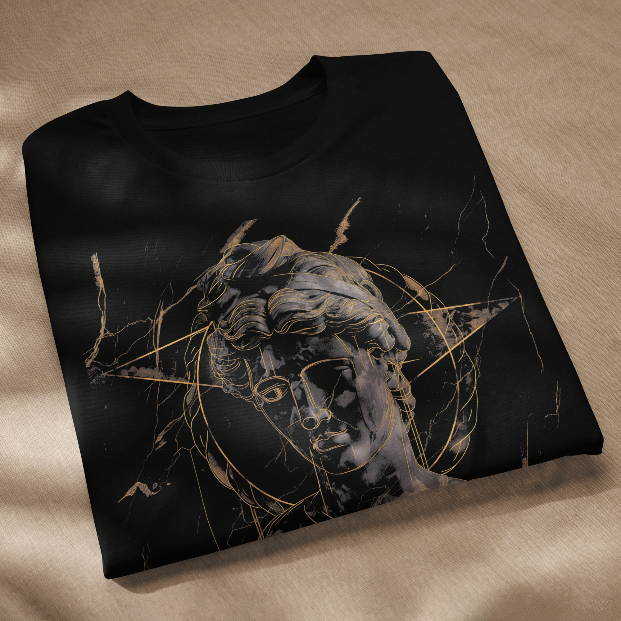 angled flat lay black oversized graphic streetwear t shirt david statue dont pray for me graphic design streetwear fashion