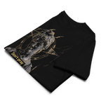 folded black oversized graphic streetwear t shirt david statue gold line art dont pray for me graphic streetwear