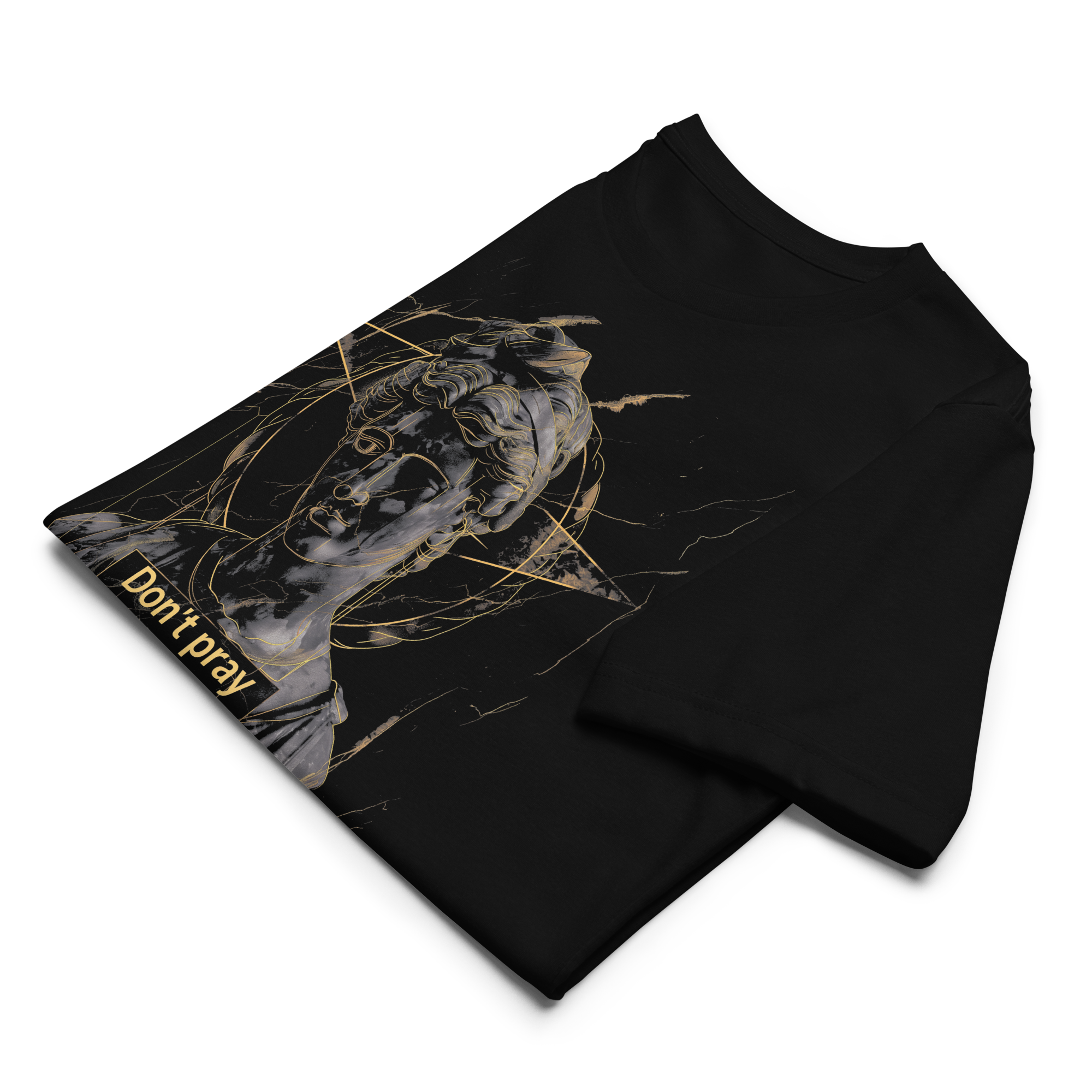 folded black oversized graphic streetwear t shirt david statue gold line art dont pray for me graphic streetwear