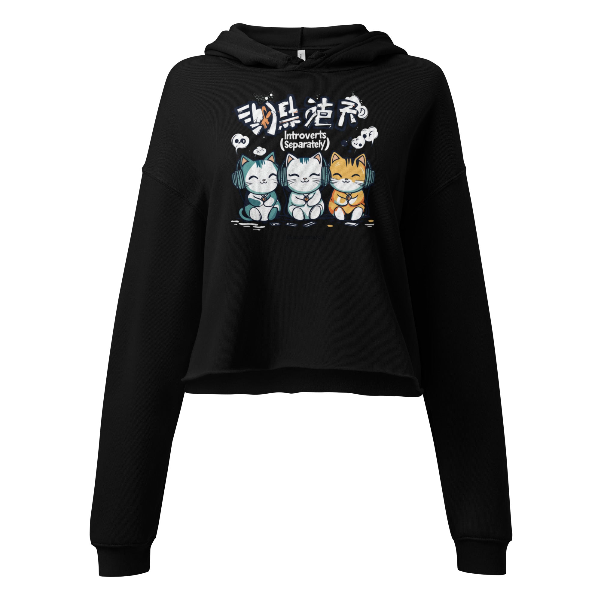 Black cropped streetwear hoodie with cute introvert cats cartoon graphic and introverts separately text, front view