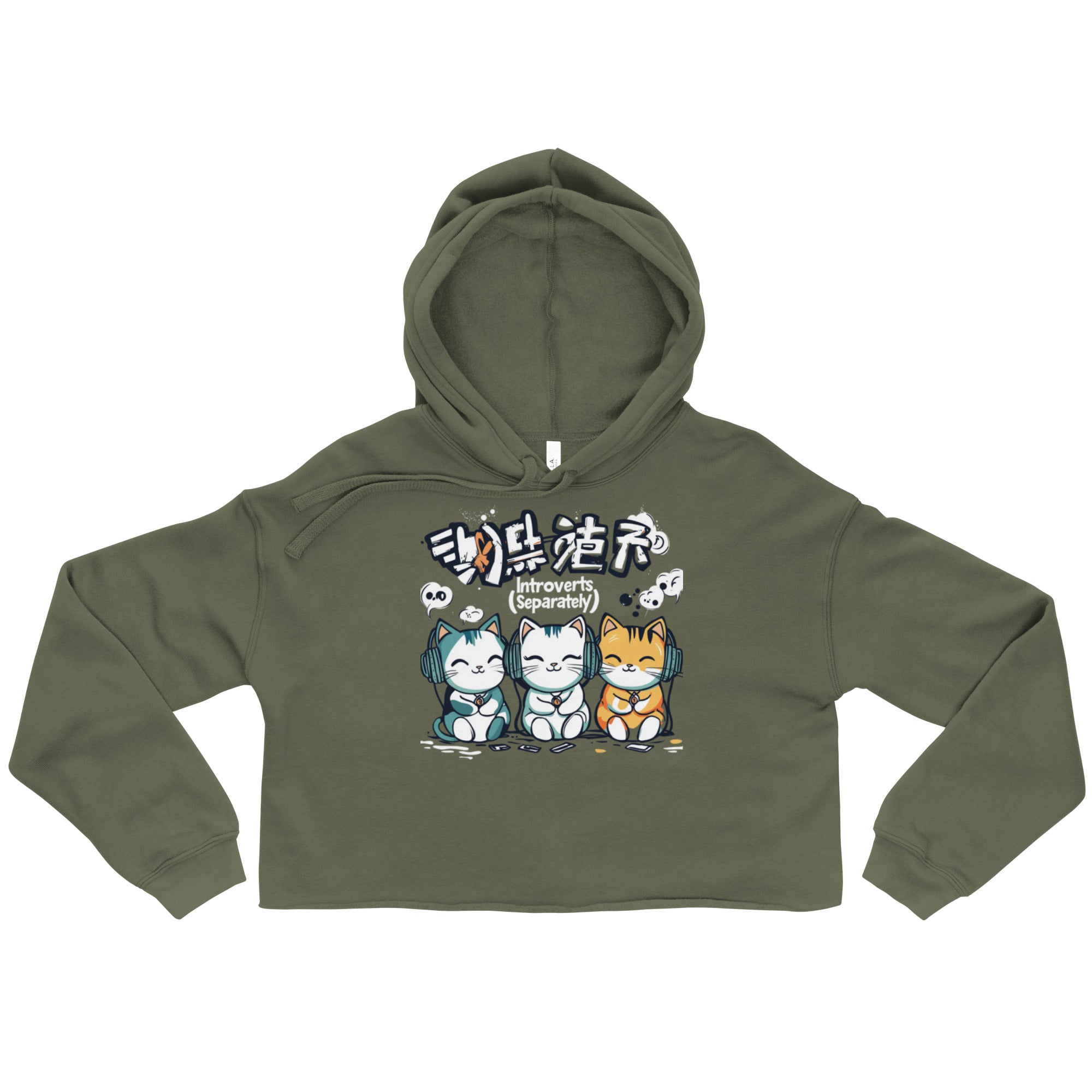 oversized olive green cropped graphic hoodie front view kawaii anime streetwear fashion