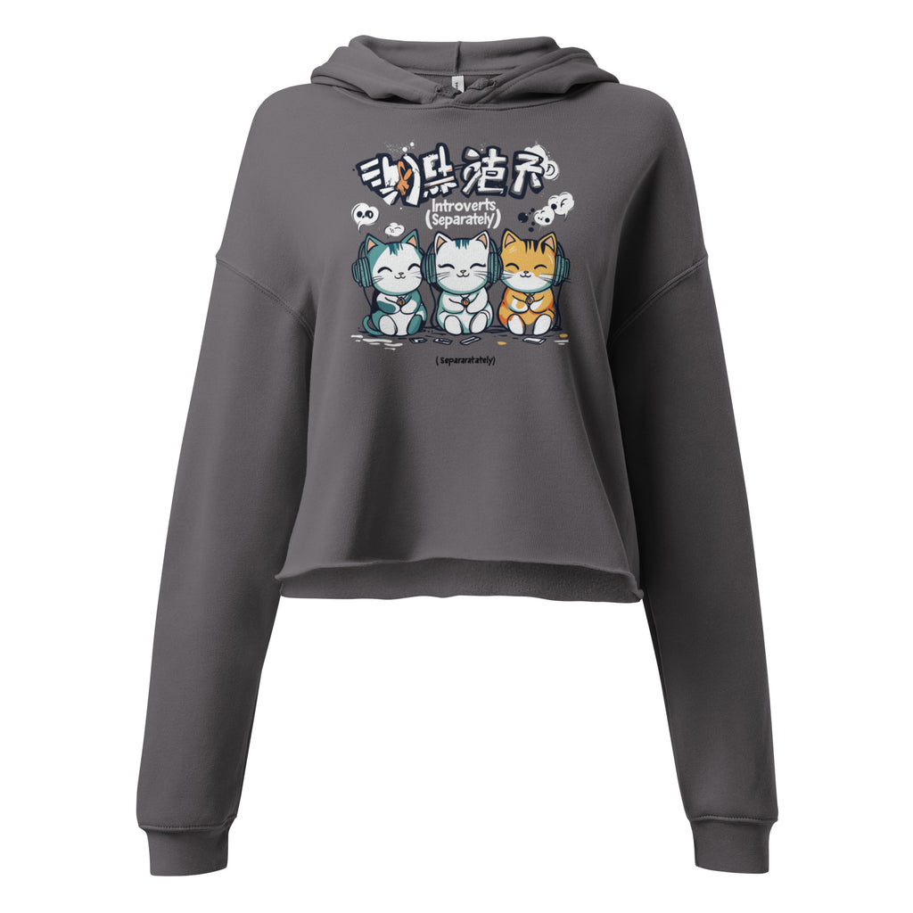 Grey cropped streetwear hoodie with cute introvert cats cartoon graphic and introverts separately text, front view