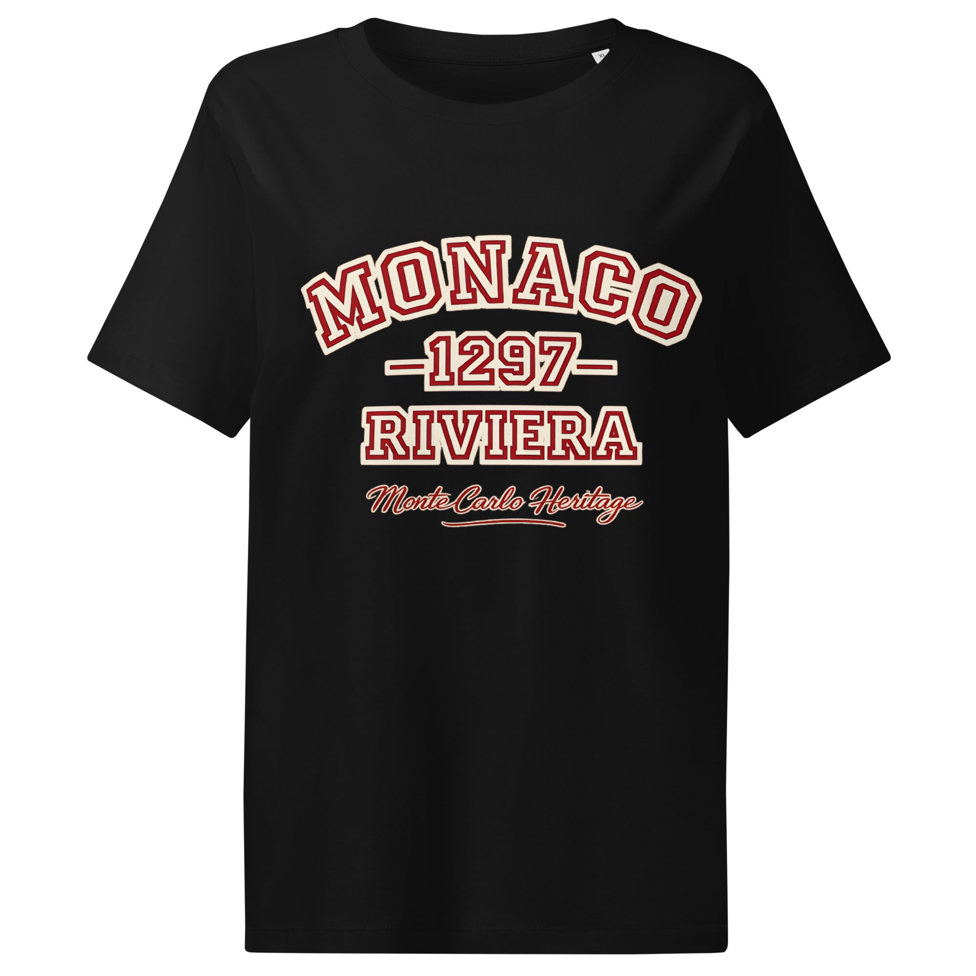 product studio front view black organic cotton graphic t shirt monaco riviera vintage typography graphic streetwear