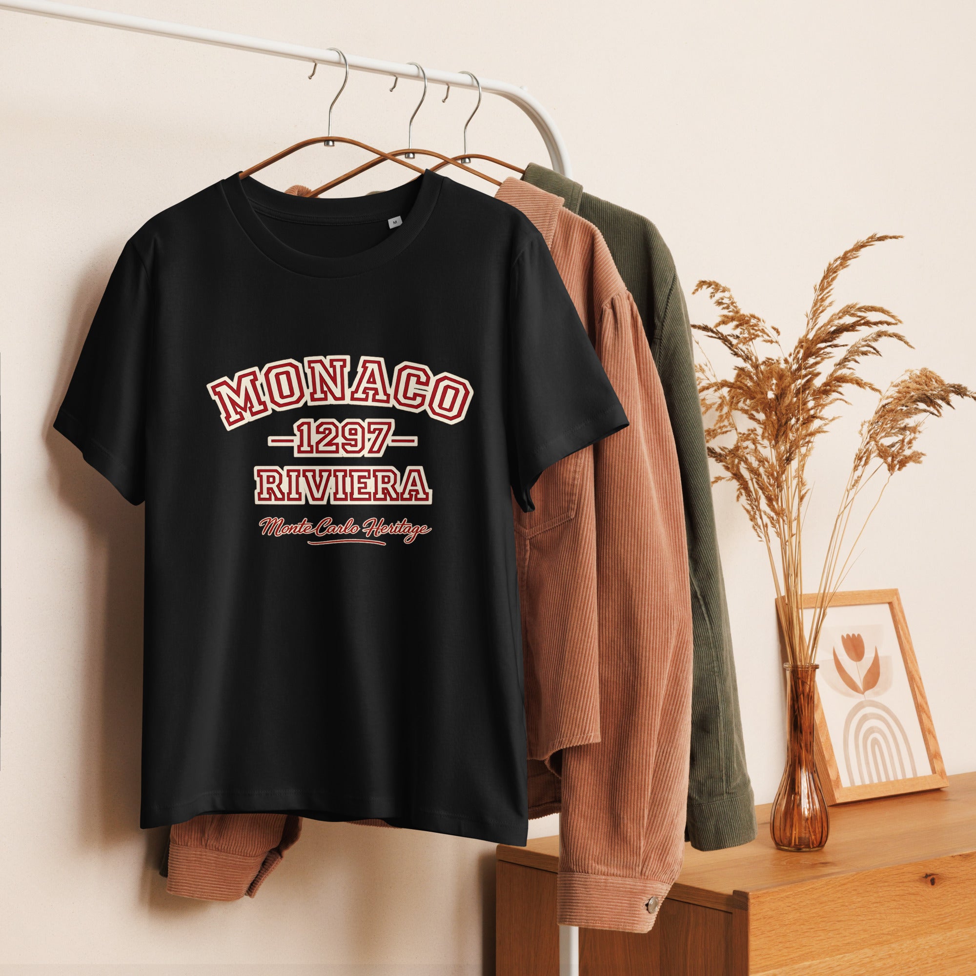 product hanging display black minimalist graphic t shirt monaco heritage resort aesthetic streetwear fashion