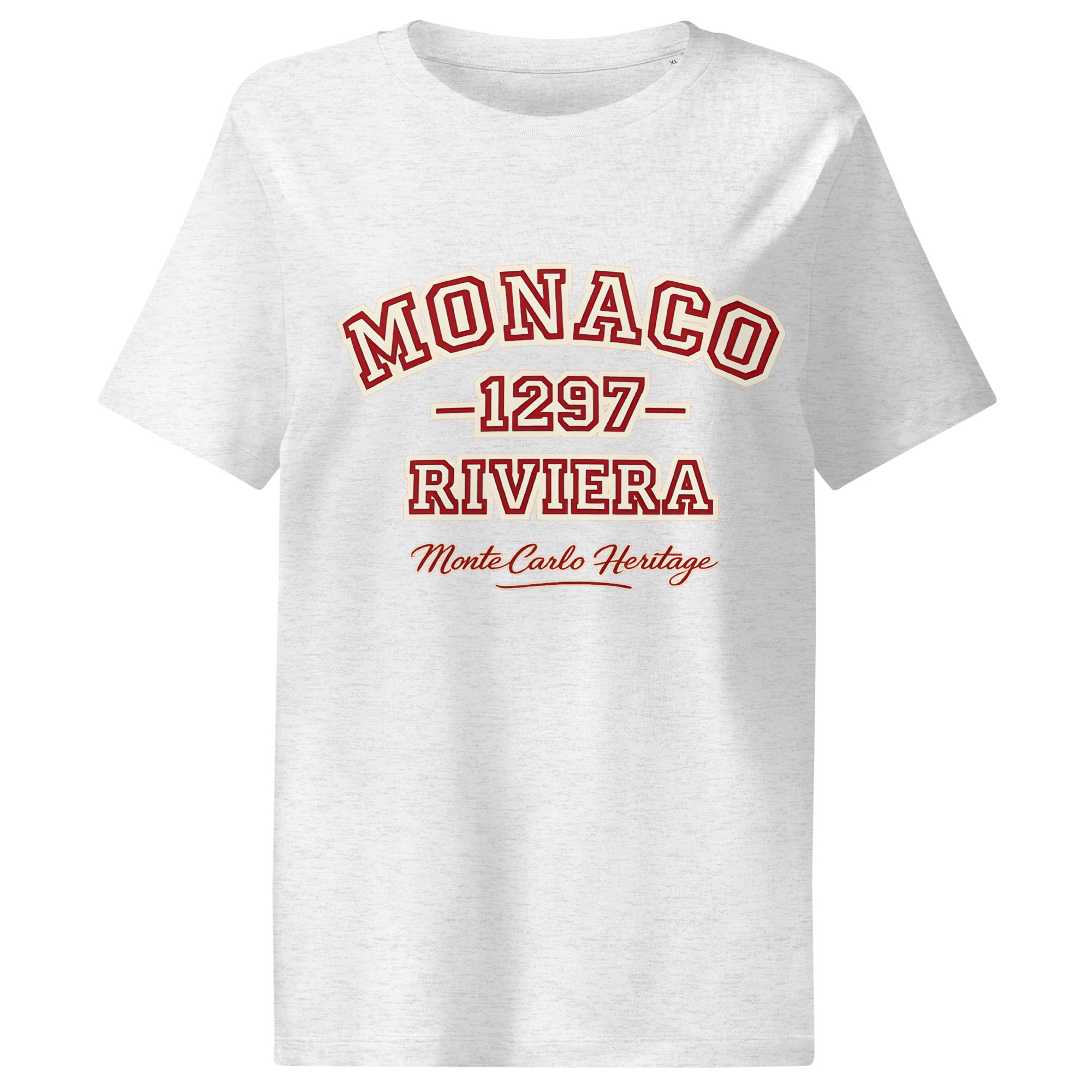 product studio front view heather grey organic cotton graphic t shirt monaco riviera vintage typography graphic streetwear